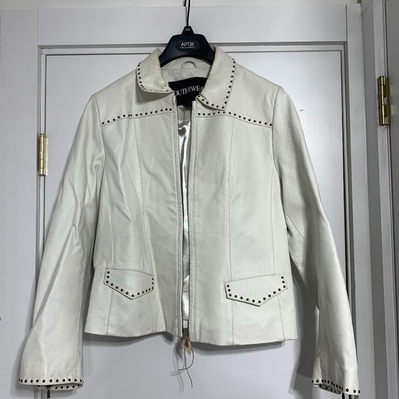 Leather Jacket white with studs, collar size large - Picture 1 of 9